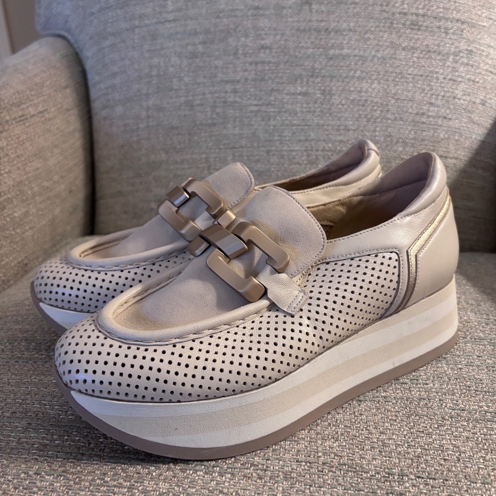 Softwaves Beige Leather Perforated Platform Loafers Chain Link Wedge Shoes 37